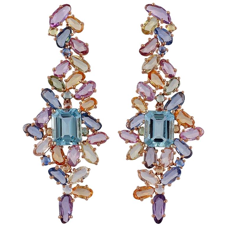 Multi Sapphire and Aquamarine Earrings Studded in 18 Karat Rose Gold