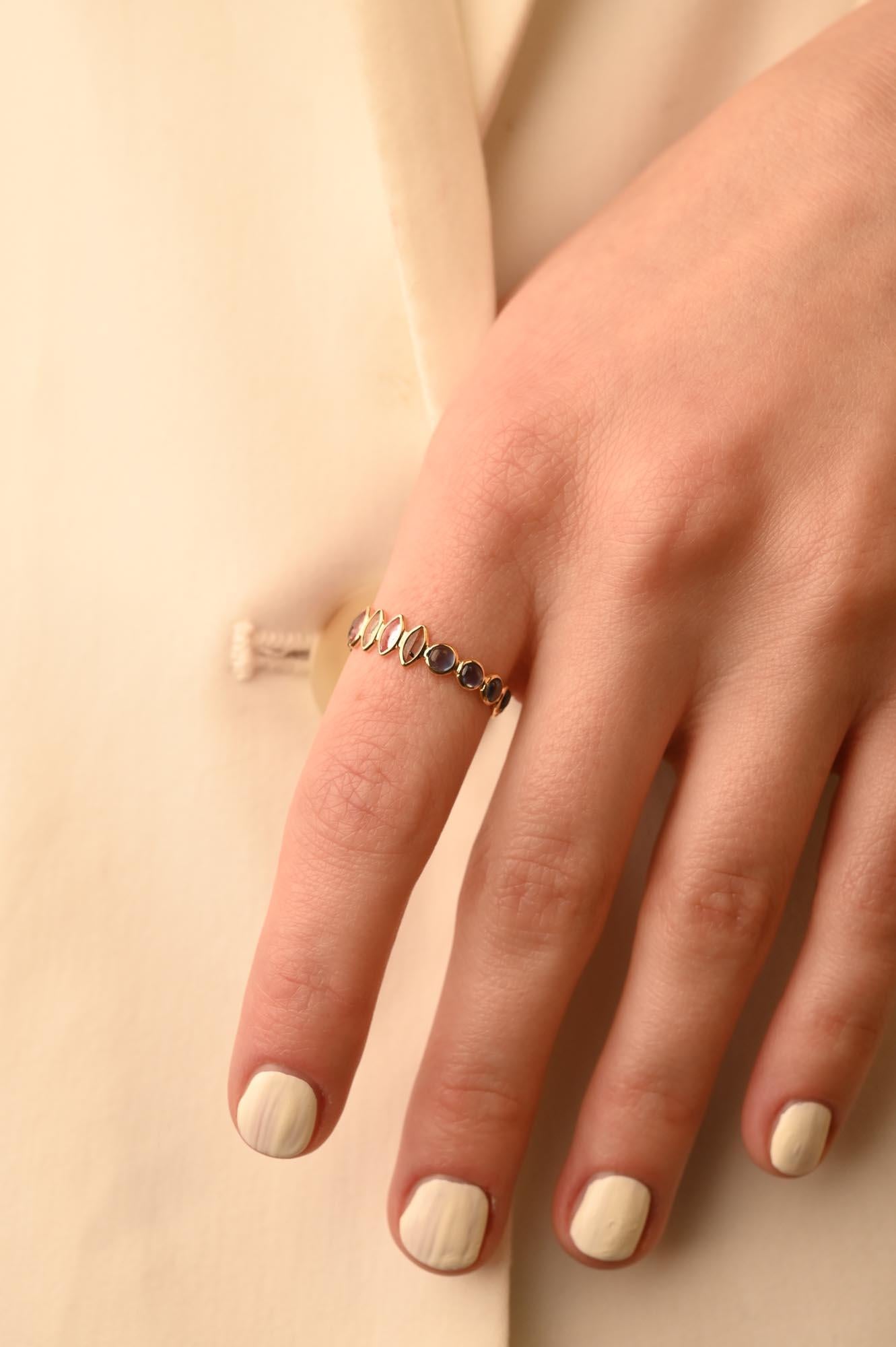 For Sale:  Multi Sapphire and Blue Sapphire Reversible Eternity Band 14k Yellow Gold Ring 2