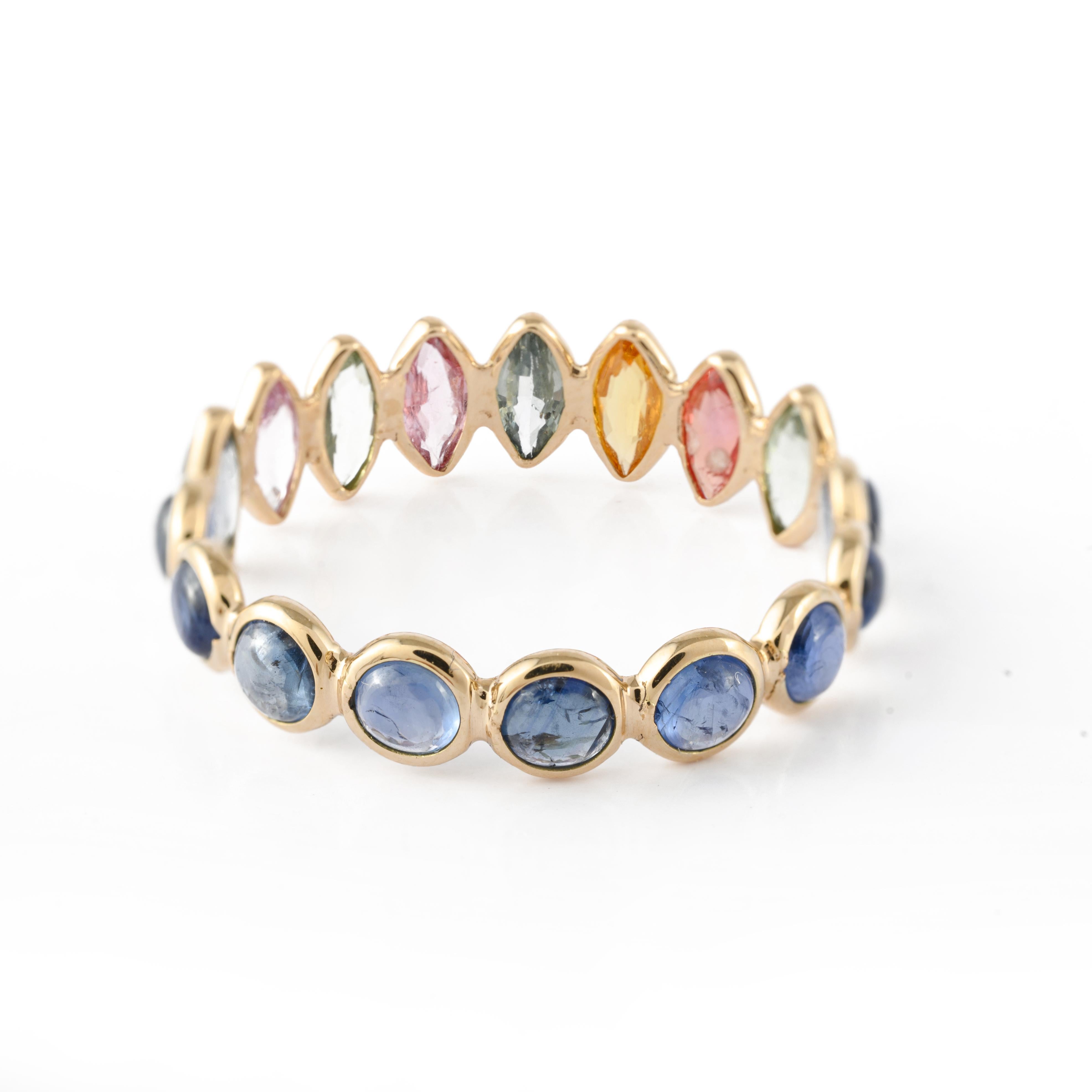 For Sale:  Multi Sapphire and Blue Sapphire Reversible Eternity Band 14k Yellow Gold Ring 7
