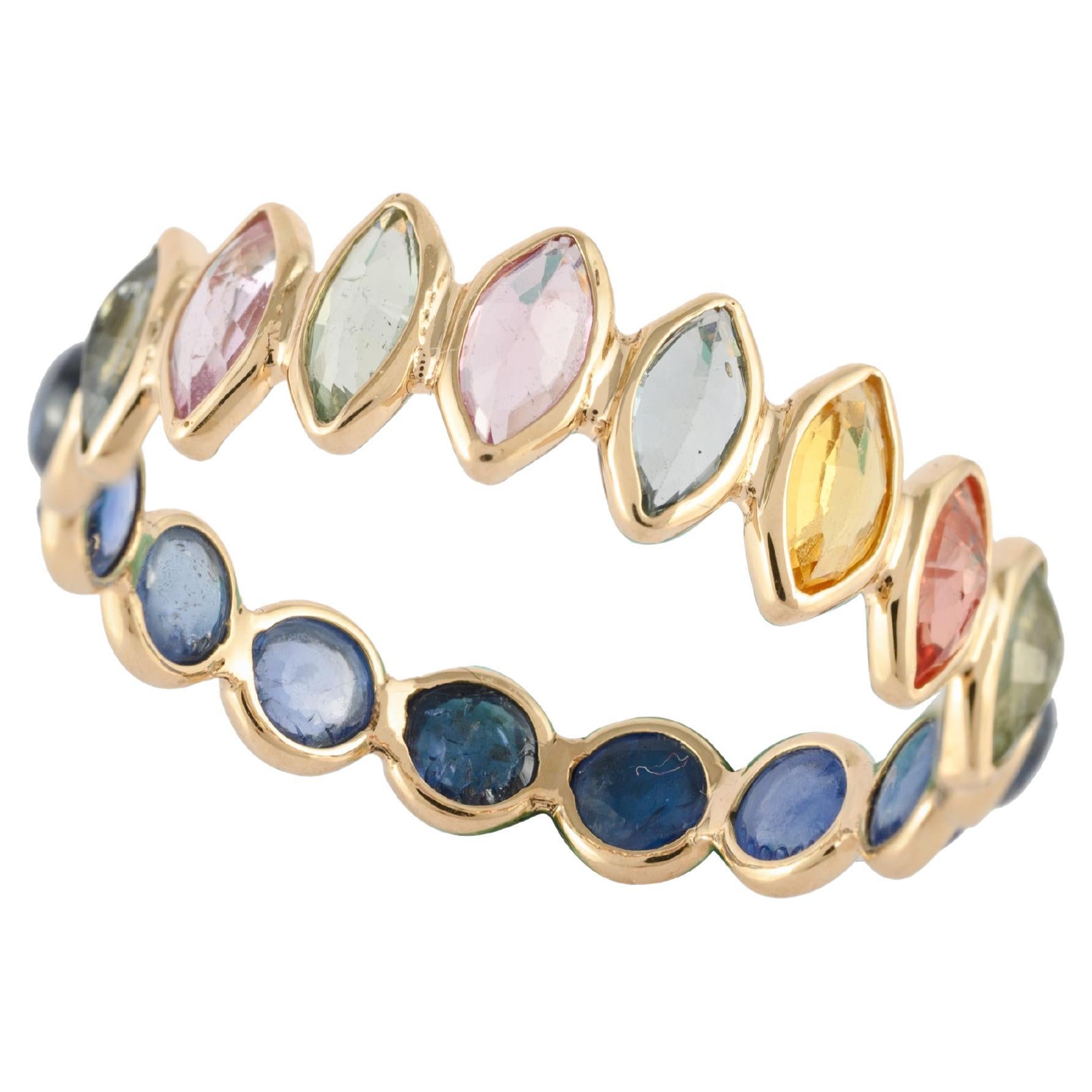 Multi Sapphire and Blue Sapphire Reversible Eternity Band 14k Yellow Gold Ring