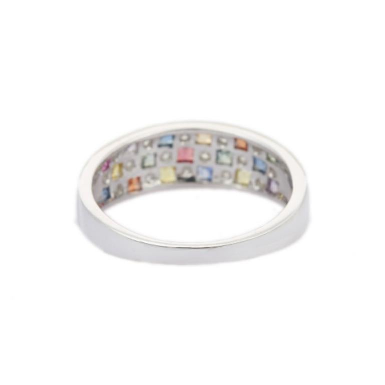 Multi Sapphire and Diamond Check Half Band Ring in Sterling Silver 2