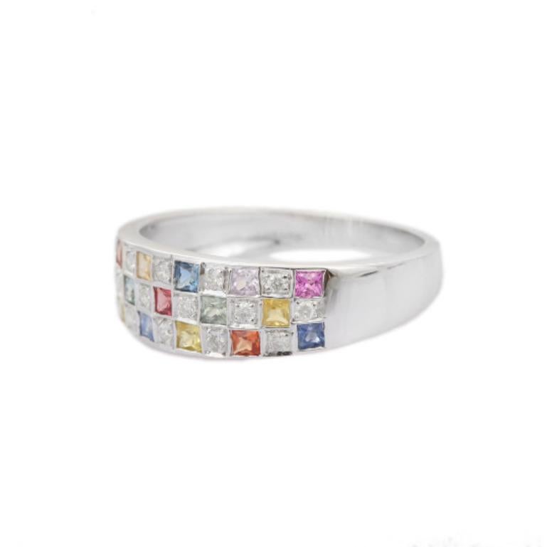 Multi Sapphire and Diamond Check Half Band Ring in Sterling Silver 3