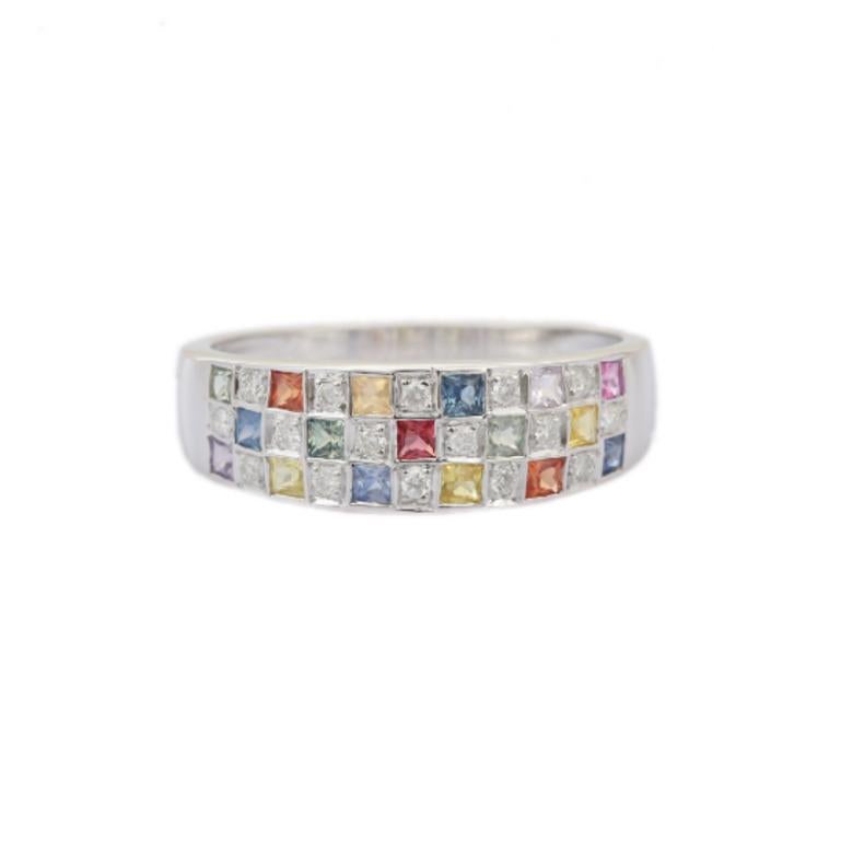 Multi Sapphire and Diamond Check Half Band Ring in Sterling Silver 4