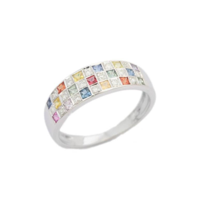 Multi Sapphire and Diamond Check Half Band Ring in Sterling Silver 5