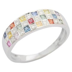Bague demi-anneau à carreaux de saphirs multicolores et diamants en argent sterling