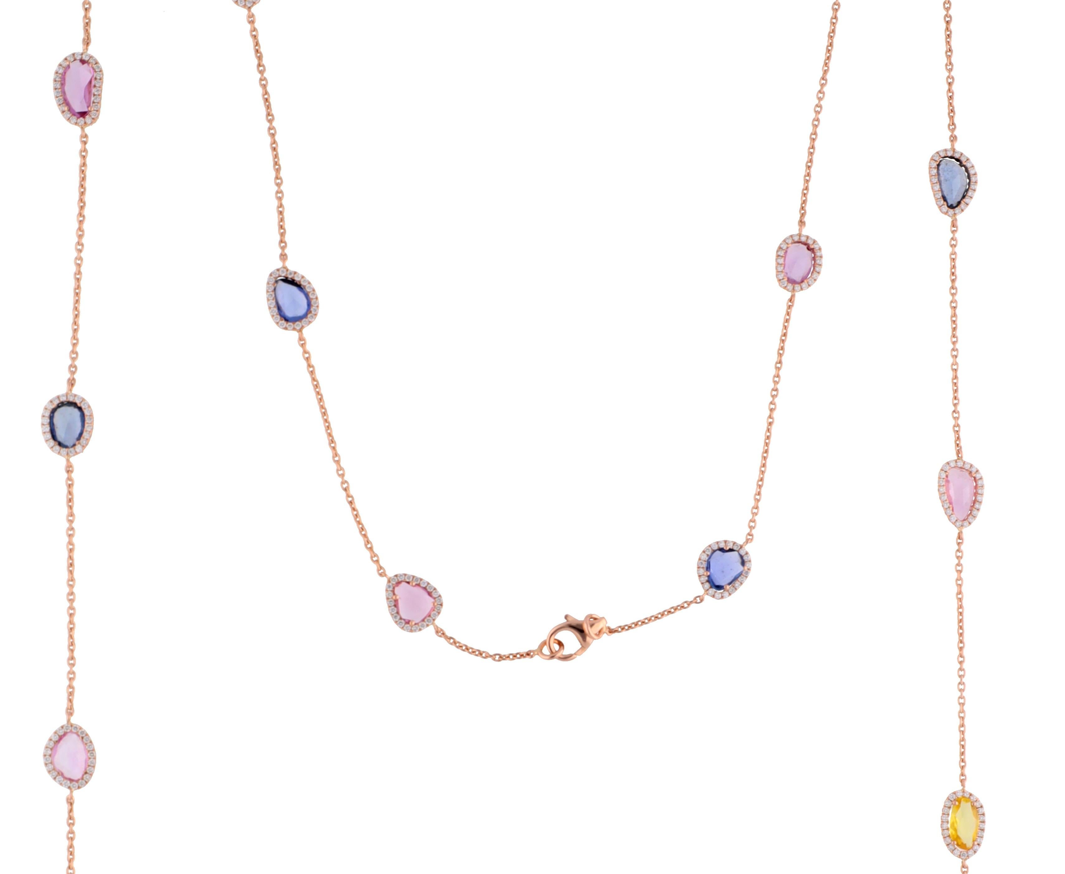 Contemporaneo Collana con più zaffiri e diamanti tempestati in oro rosa 18 carati in vendita