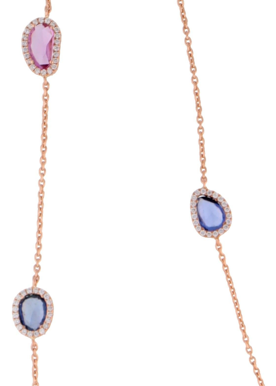 Taglio a rosa Collana con più zaffiri e diamanti tempestati in oro rosa 18 carati in vendita
