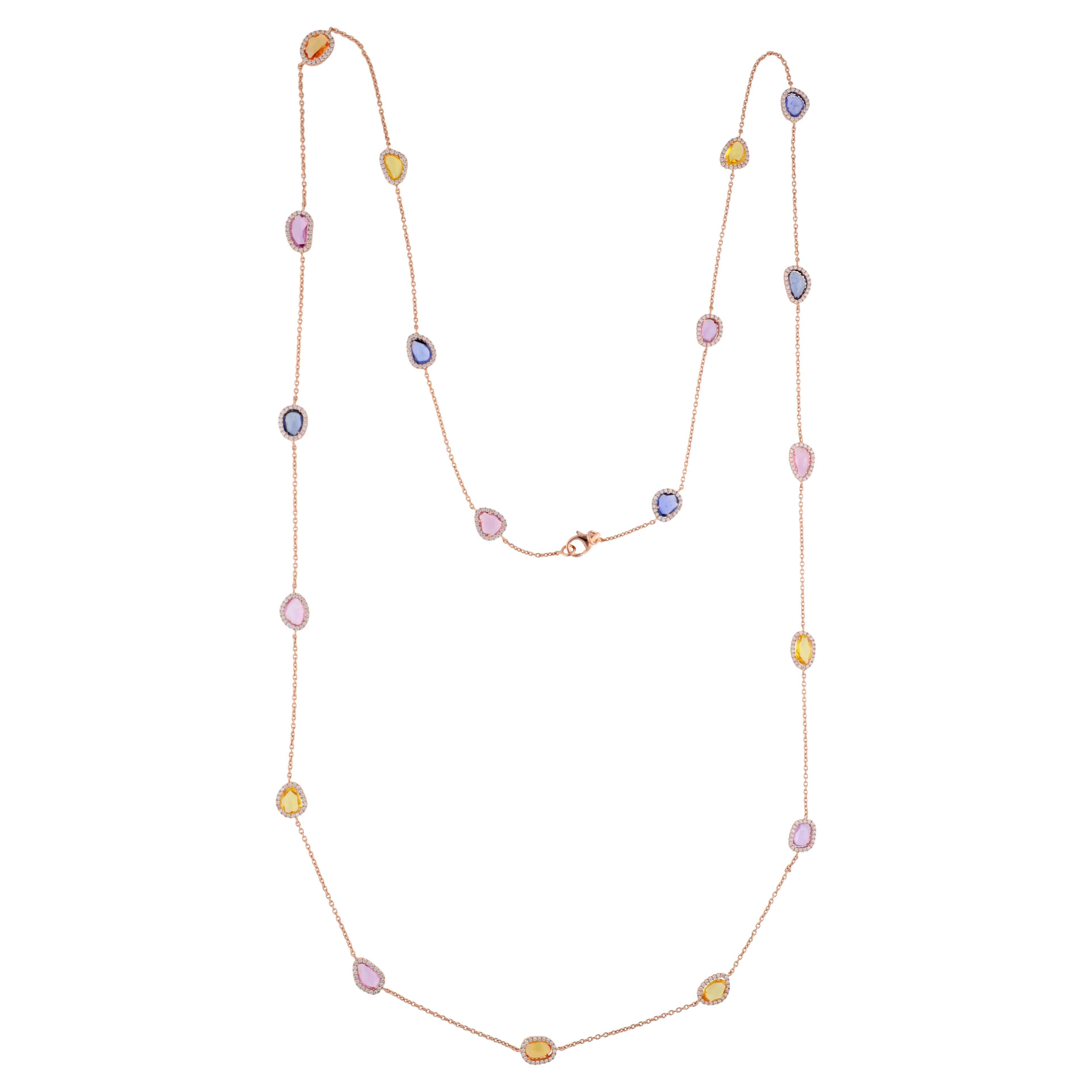 Multi-Sapphire and Diamond Necklace Studded in 18 Karat Rose Gold