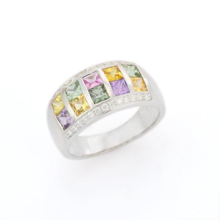 Multi Sapphire and Diamond Wedding Band Ring Crafted in Sterling Silver 9
