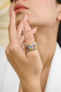 Multi Sapphire and Diamond Wedding Band Ring in 18k Solid Yellow Gold for Women