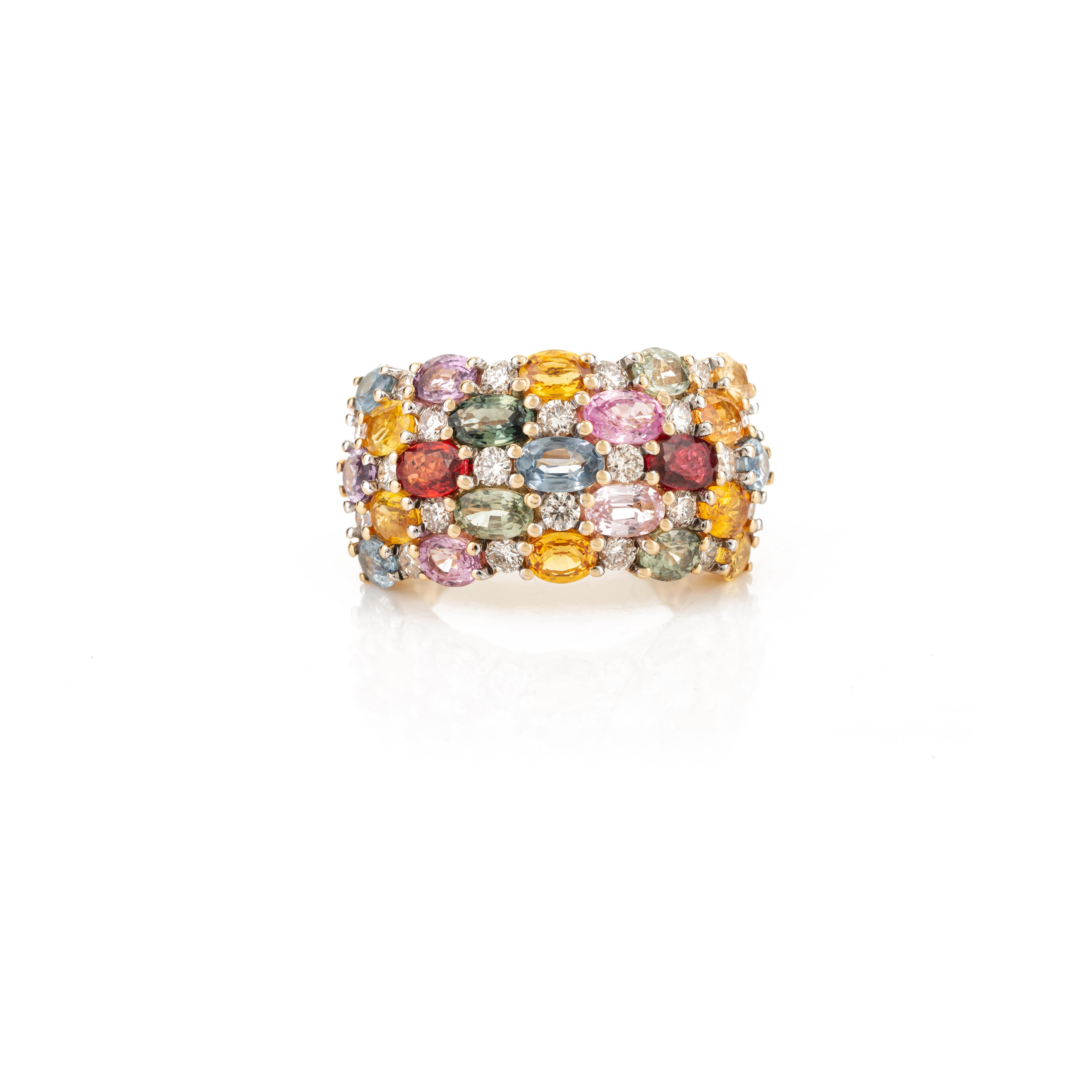 For Sale:  Multi Sapphire and Diamond Wedding Band Ring in 18k Solid Yellow Gold for Women 7