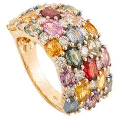 Multi Sapphire and Diamond Wedding Band Ring in 18k Solid Yellow Gold for Women