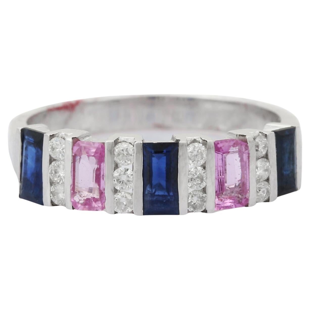 For Sale:  Multi Sapphire and Diamond Wedding Ring in 18K Solid White Gold