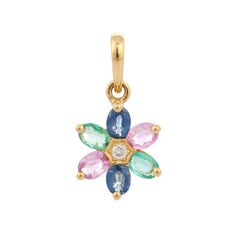 Multi Sapphire and Emerald Flower Pendant in 18kt Solid Yellow Gold