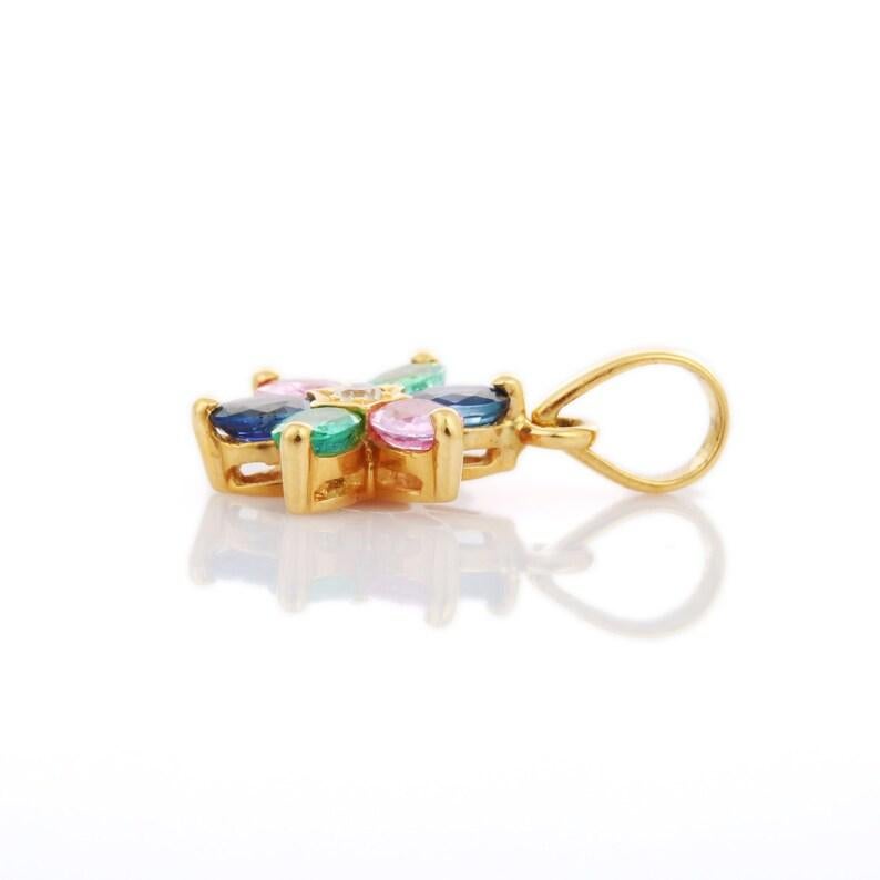 Oval Cut Multi Sapphire and Emerald Flower Pendant in 18kt Solid Yellow Gold Mom Gift For Sale