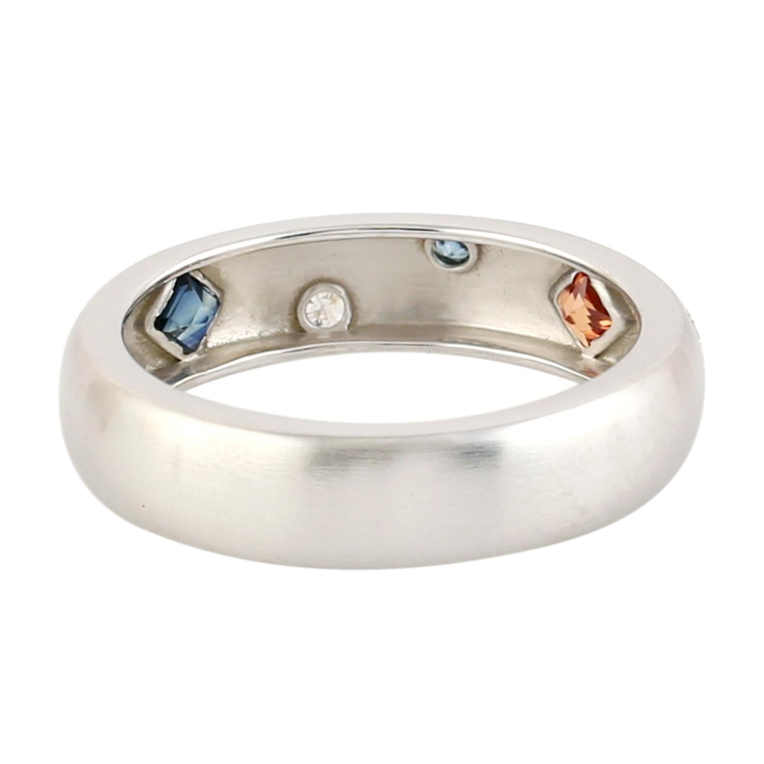 Artisan Multi Sapphire Band Ring With Diamonds Made In 14k White Gold For Sale