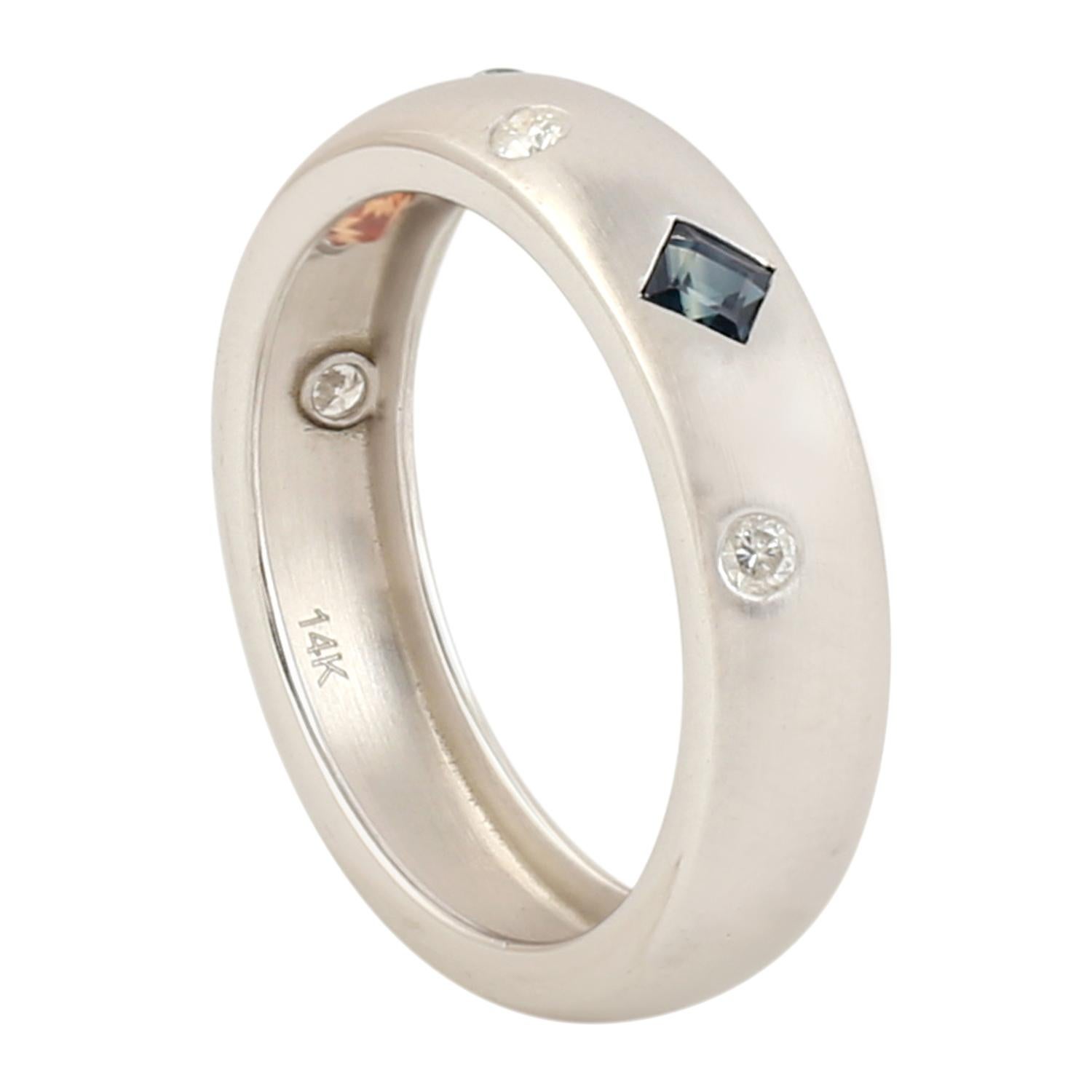 Mixed Cut Multi Sapphire Band Ring With Diamonds Made In 14k White Gold For Sale