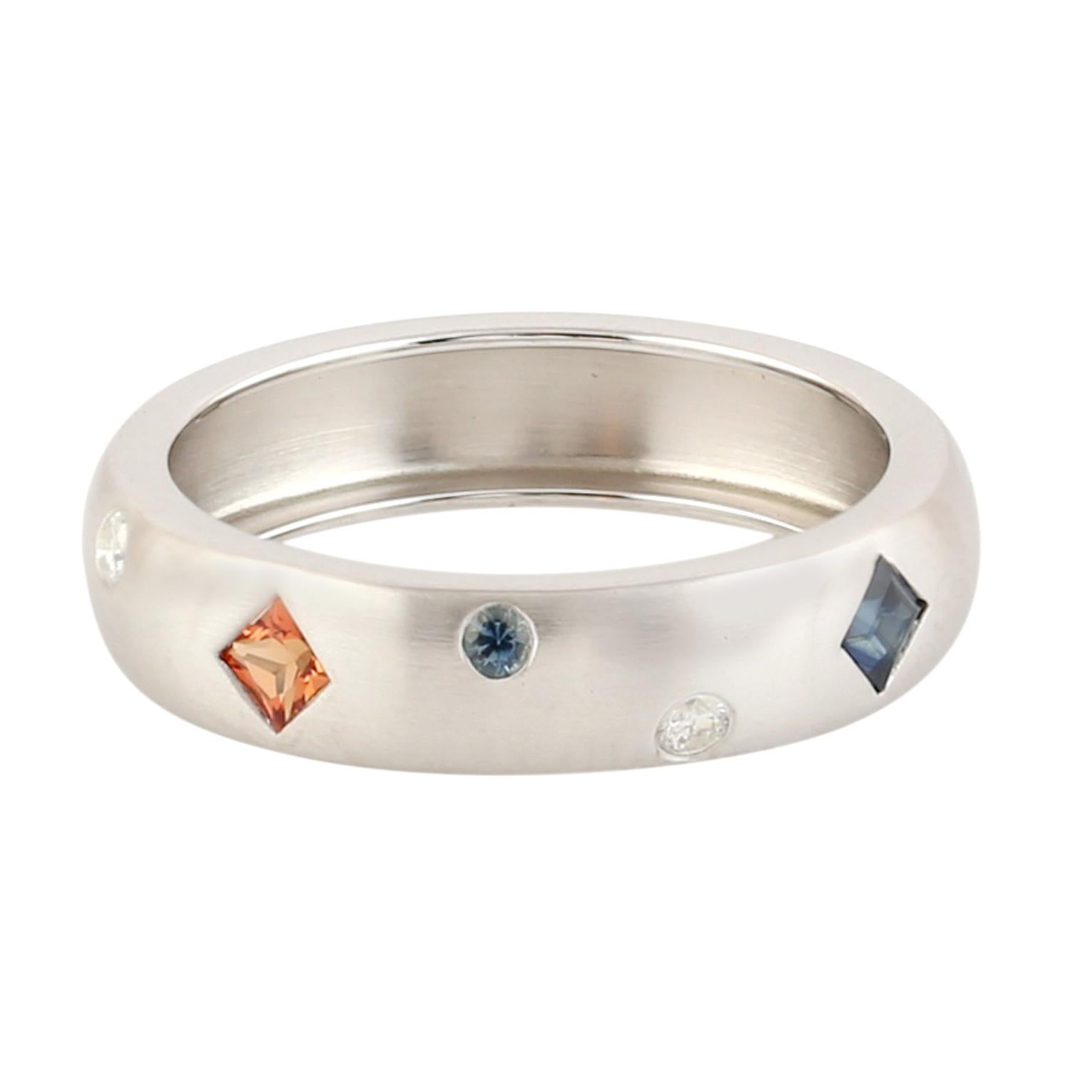 Multi Sapphire Band Ring With Diamonds Made In 14k White Gold In New Condition For Sale In New York, NY