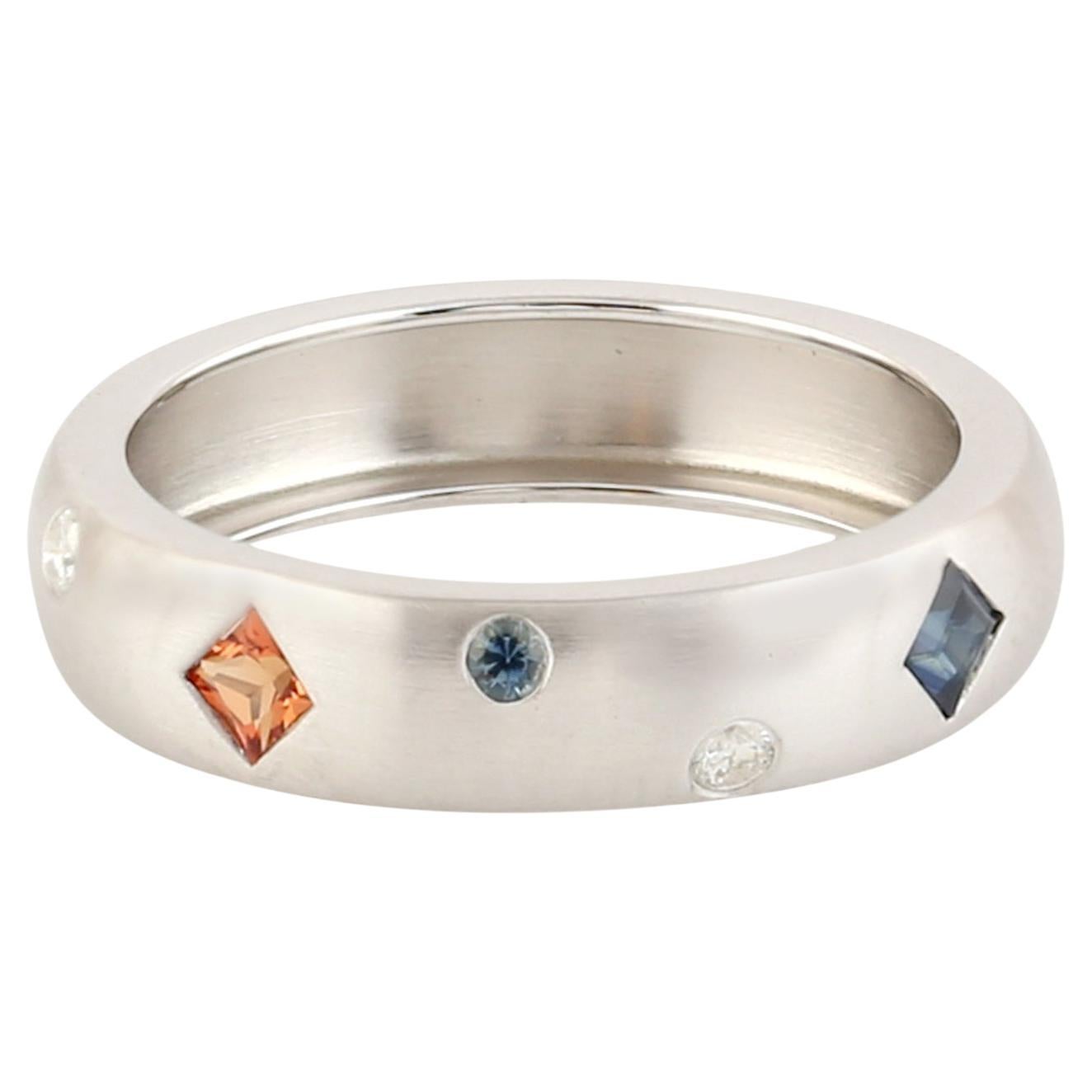 Multi Sapphire Band Ring With Diamonds Made In 14k White Gold