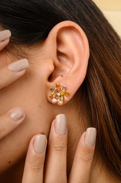 Multi Sapphire Blossom Flower 18k Yellow Gold Stud Earrings with Diamonds