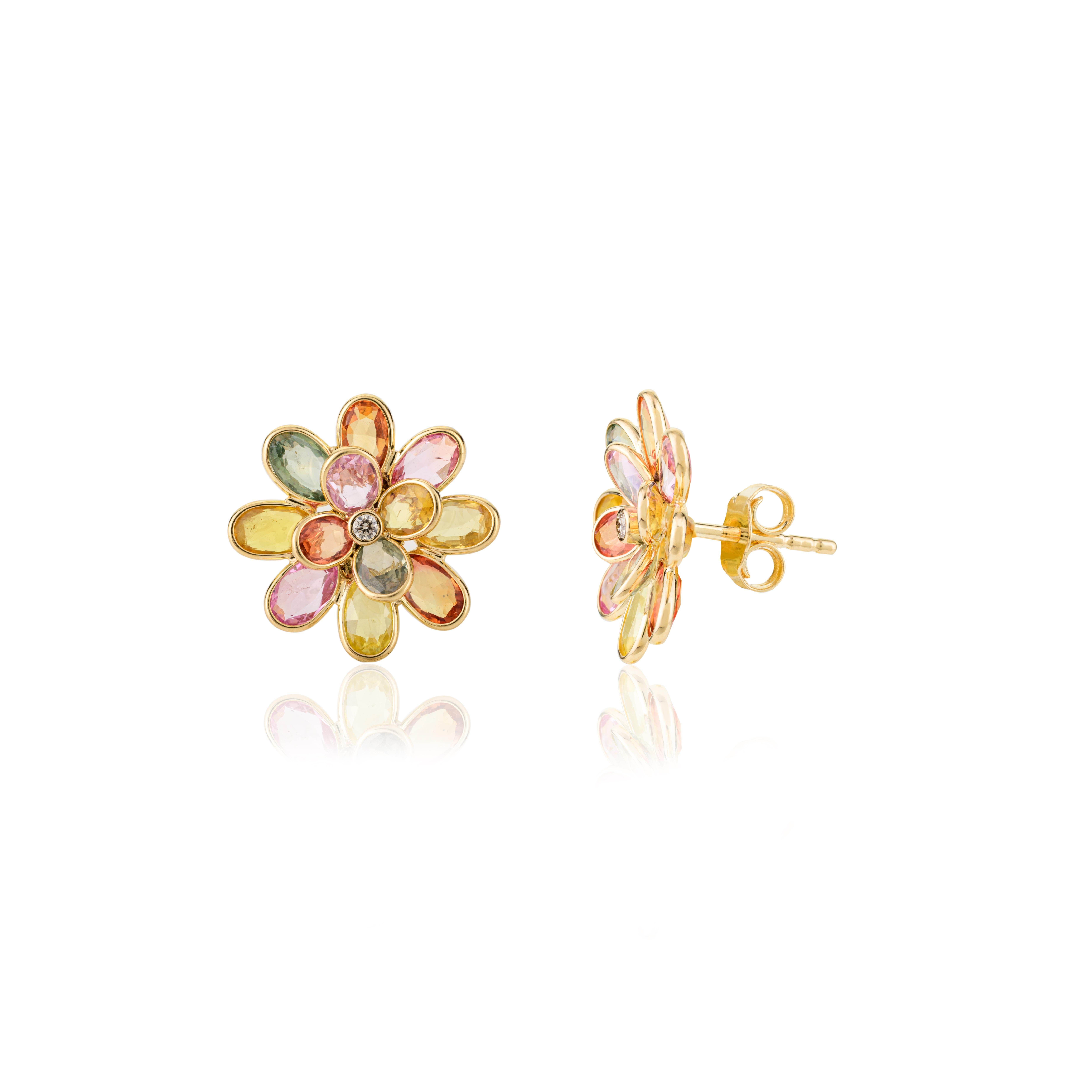 Modern Multi Sapphire Blossom Flower 18k Yellow Gold Stud Earrings with Diamonds For Sale