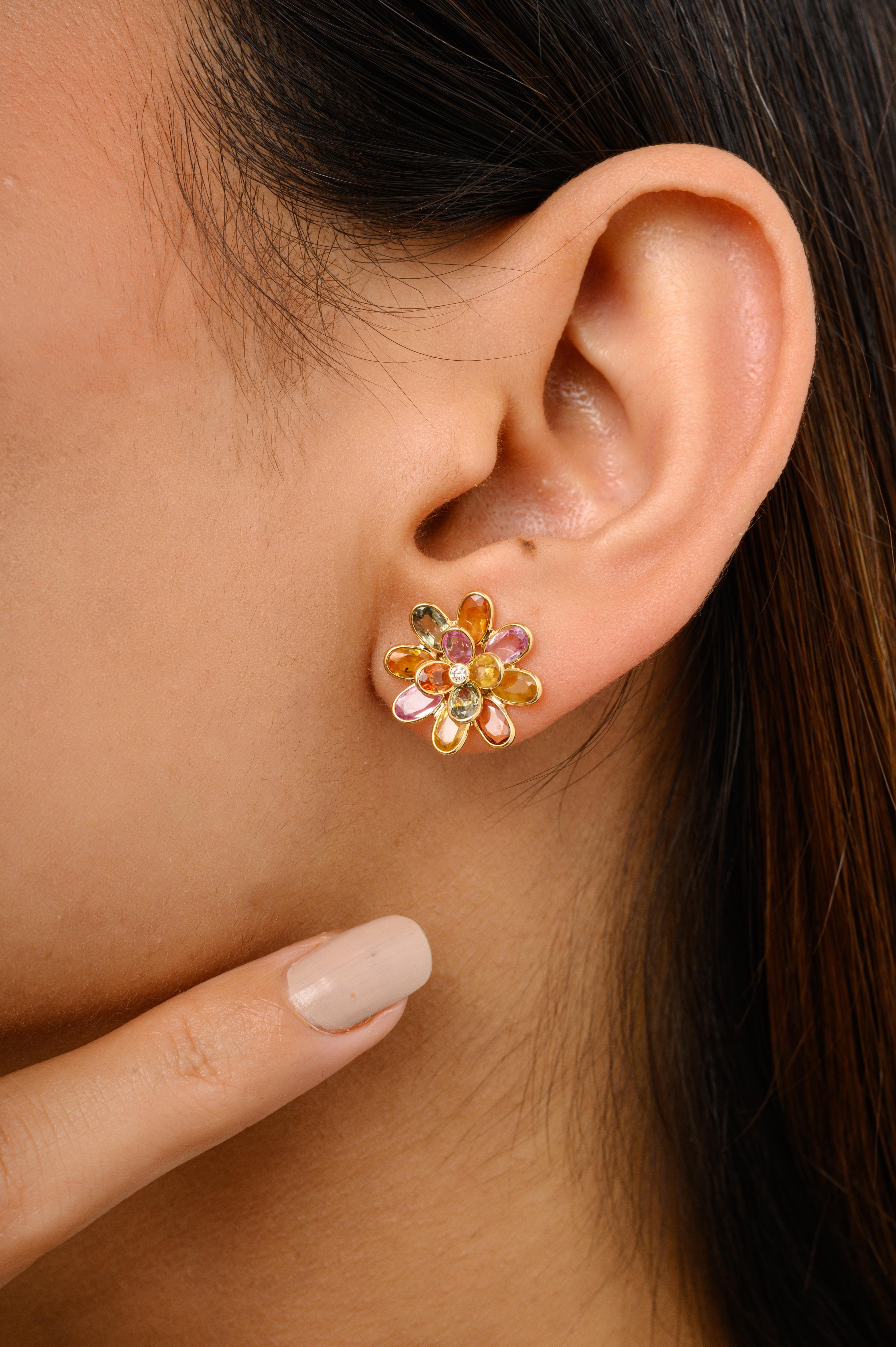 Oval Cut Multi Sapphire Blossom Flower 18k Yellow Gold Stud Earrings with Diamonds For Sale
