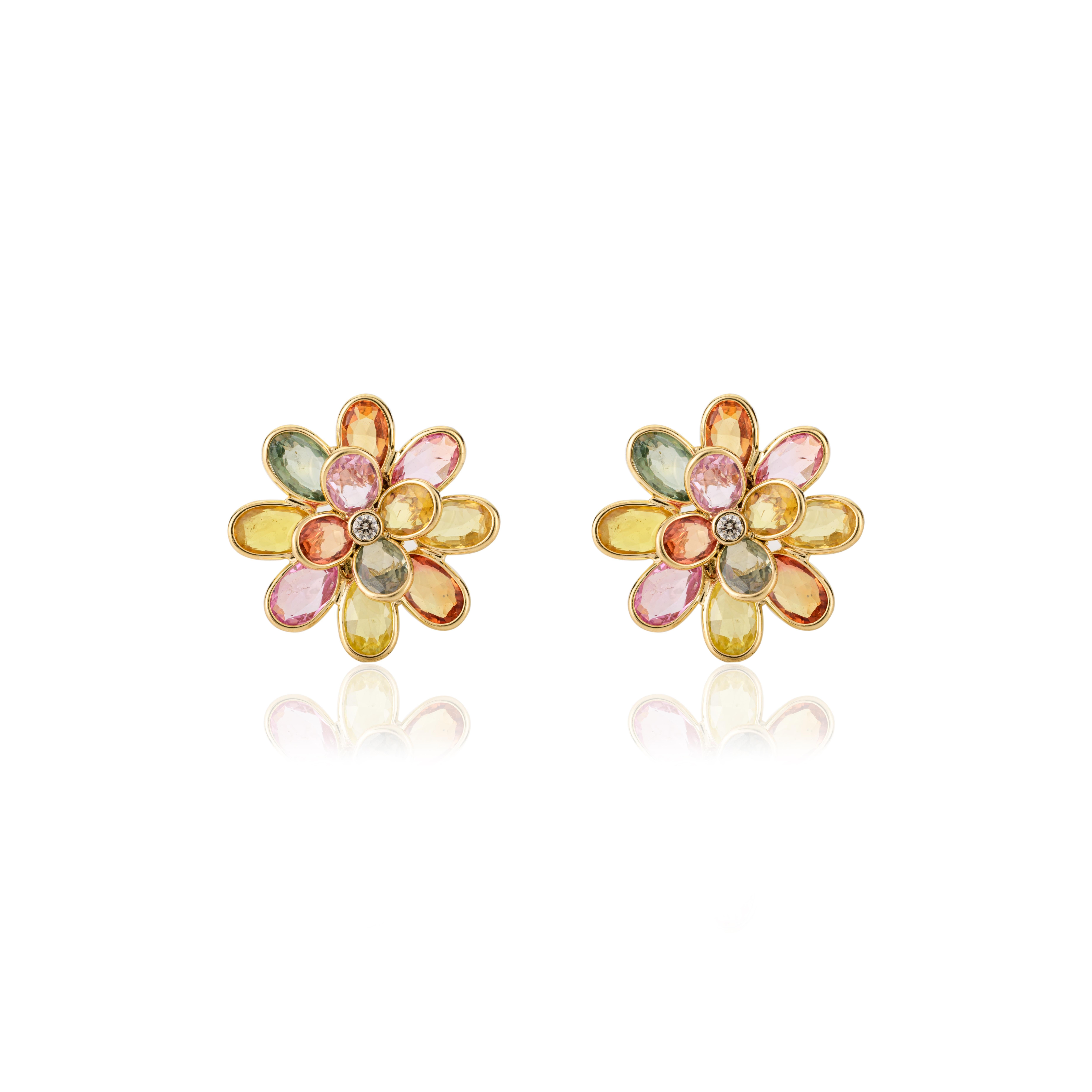 Multi Sapphire Blossom Flower 18k Yellow Gold Stud Earrings with Diamonds In New Condition For Sale In Houston, TX
