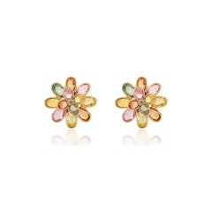 Multi Sapphire Blossom Flower 18k Yellow Gold Stud Earrings with Diamonds