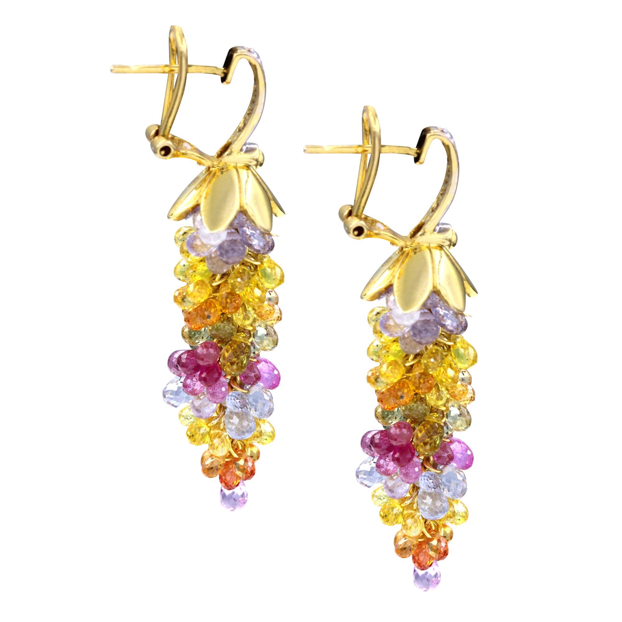 Briolette Cut Multi-Sapphire Chandelier Earrings with Diamonds, 18 Karat Yellow Gold