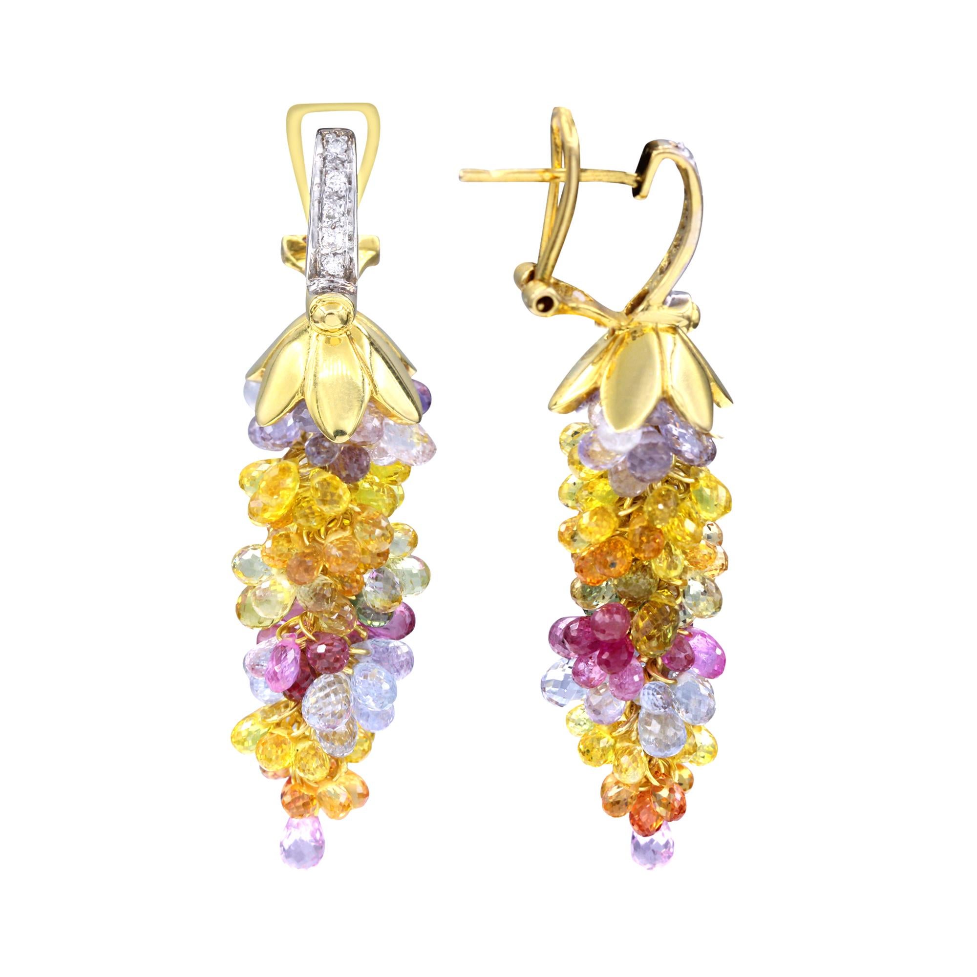 Multi-Sapphire Chandelier Earrings with Diamonds, 18 Karat Yellow Gold In New Condition In New York, NY