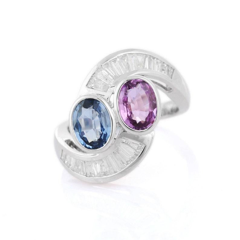 Art Deco Multi Sapphire Cocktail Ring in 18k Solid White Gold with Diamonds For Sale