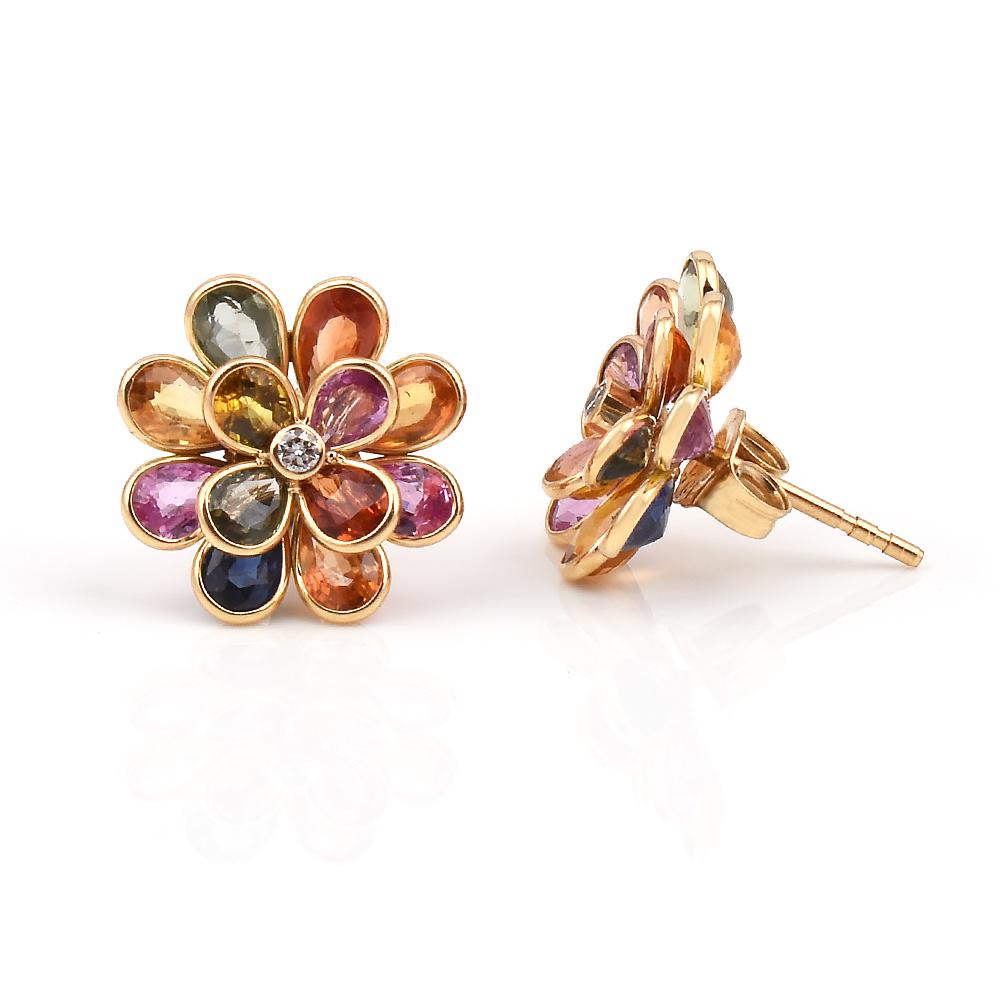 A pair of Multi-Sapphire Colorful Floral Earrings with a Center Diamond, made in 18 Karat Yellow Gold. 1.12 total carat weight of the stones. The earrings are super stylish and artistic and can go with any outfit. Length is appx. 0.50