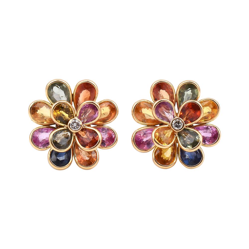 Multi-Sapphire Colorful Floral Earrings with a Center Diamond, 18k Yellow Gold