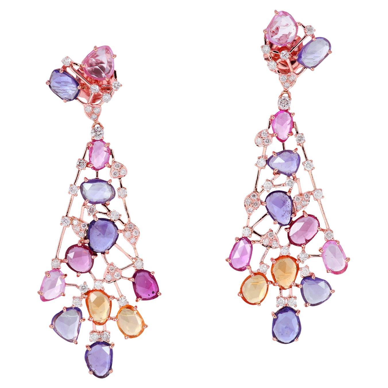 Multi Sapphire Dangle Earrings With Diamonds Made In 18k Rose Gold