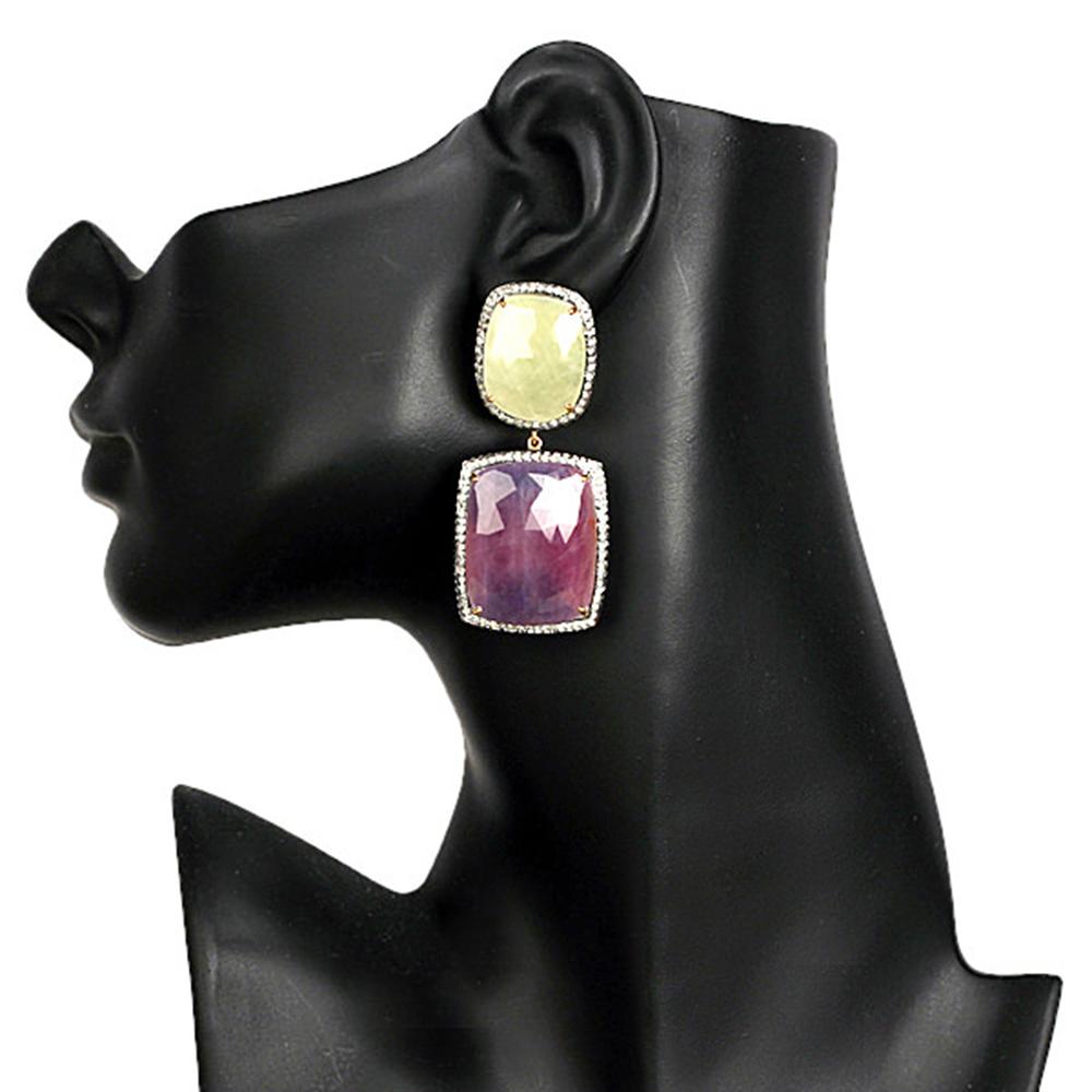 Artisan Multi Sapphire Dangle Earrings with Pave Diamonds Made in 14k Gold & Silver For Sale