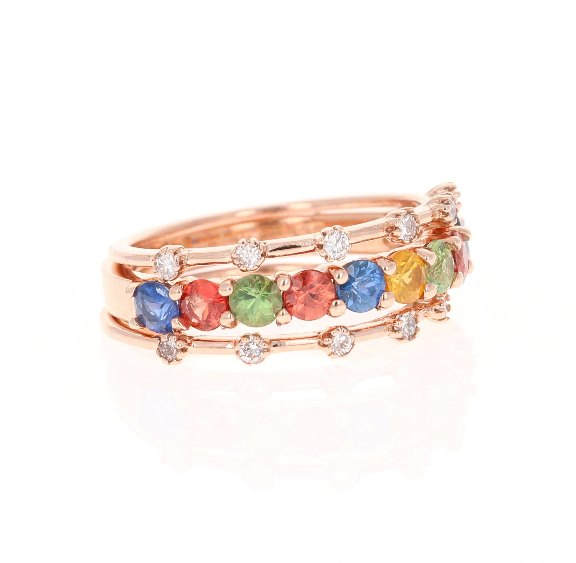 2.09 Carat Multi Color Sapphire Diamond 14 Karat Rose Gold Stackable Bands

This set of stackable bands is versatile and can be worn separately or with other jewelry as well as this stack. 
There are 11 Multi Color Sapphires that weigh 1.85 carats