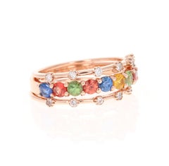 2.09 Carat Multi Color Sapphire Diamond 14 Karat Rose Gold Stackable Bands