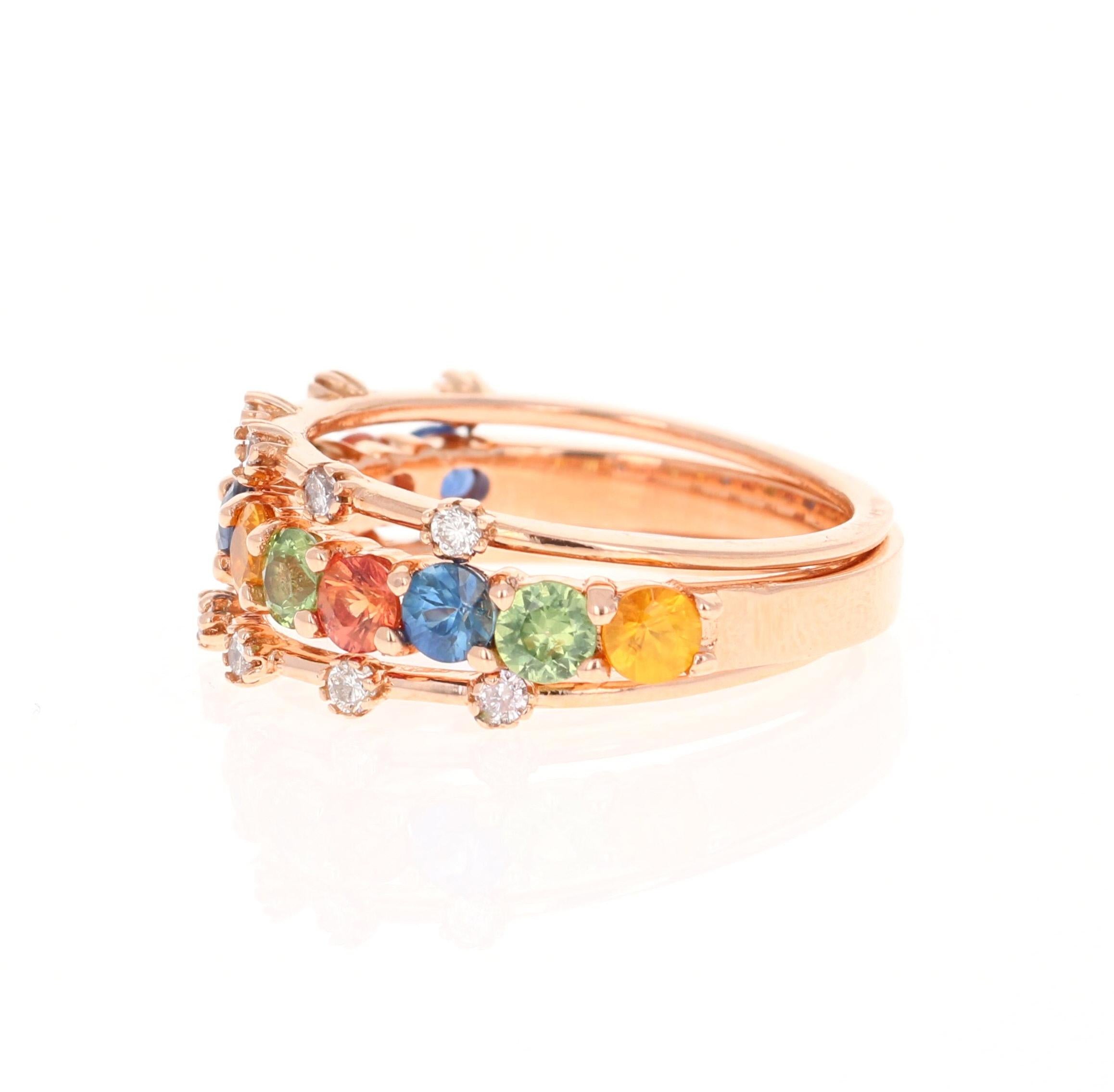 Contemporain Anneaux empilables en or rose 14 carats avec saphirs multicolores de 2,09 carats et diamants en vente