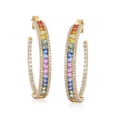 Boucles d'oreilles créoles en or jaune 14 carats, ornées de saphirs multicolores (5,85 ct) et d'un diamant (1,75 ct)