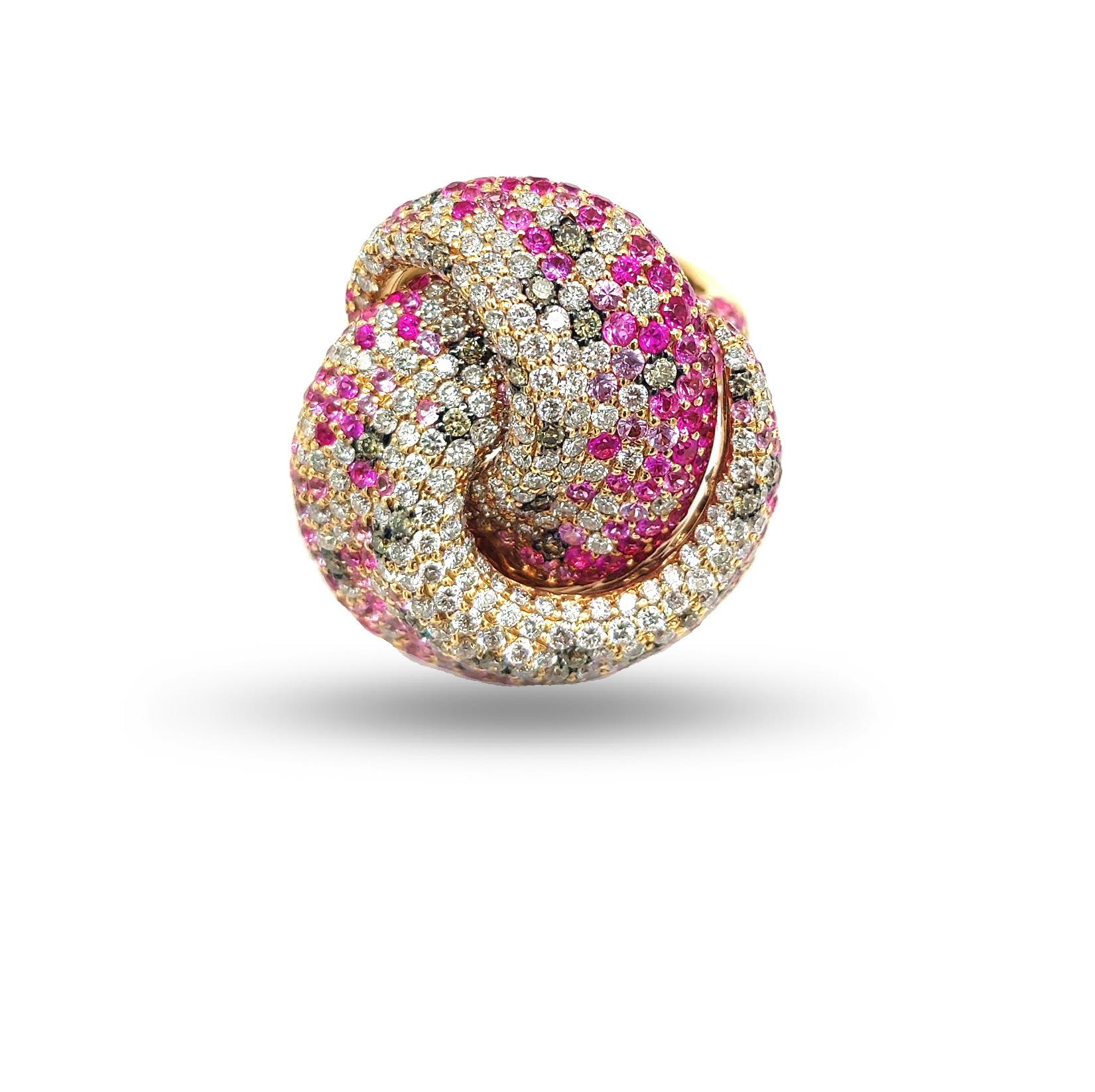 Contemporary Multi Sapphire Diamond 18 Karat Rose Gold Tutti Frutti Knot Ring For Sale