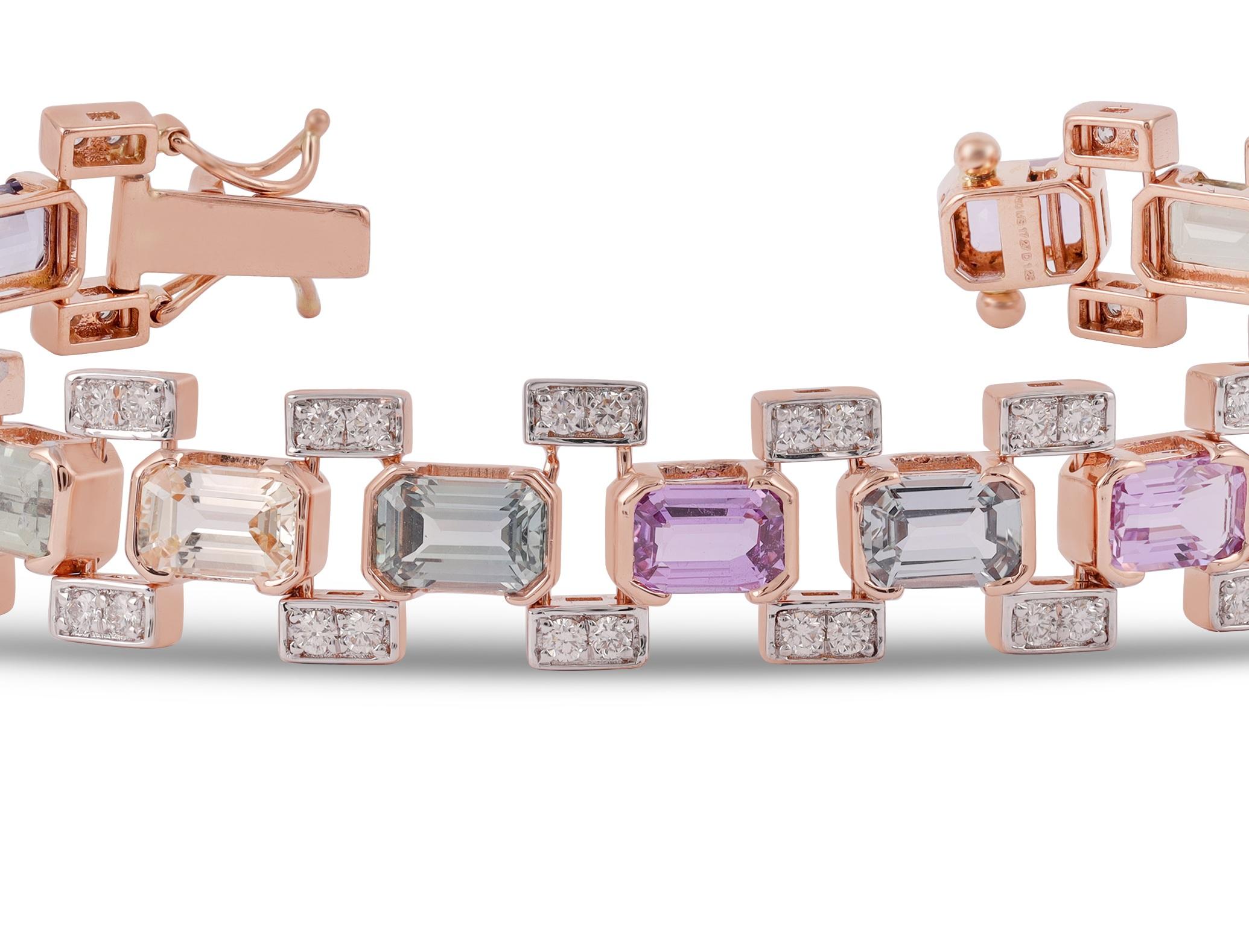 Princess Cut Multi Sapphire & Diamond Bracelet in 18 Karat Gold For Sale