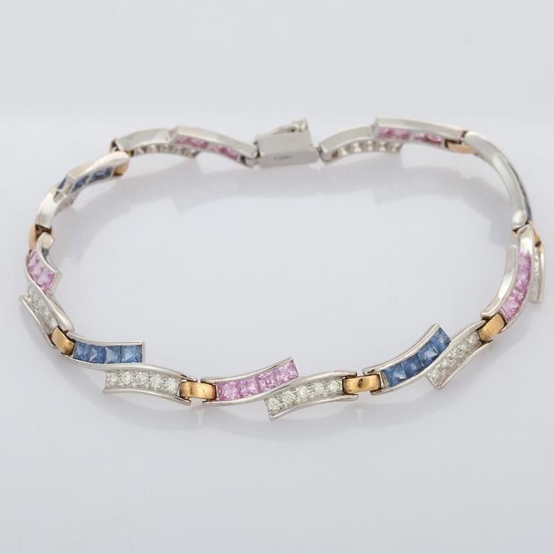 Modern Multi Sapphire Diamond Bracelet in 18 Karat White Gold For Sale