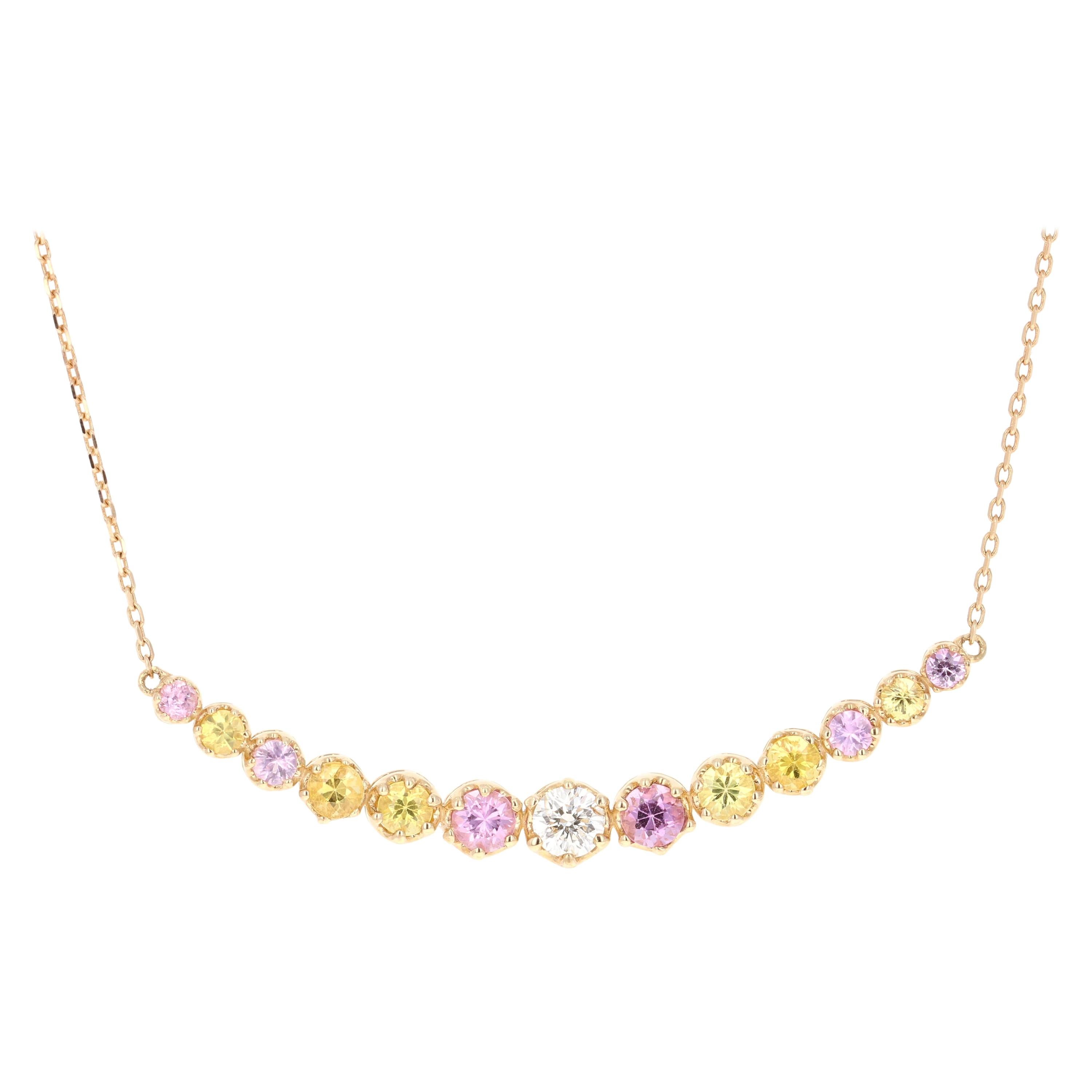 Multi Sapphire Diamond Chain Necklace 14 Karat Yellow Gold