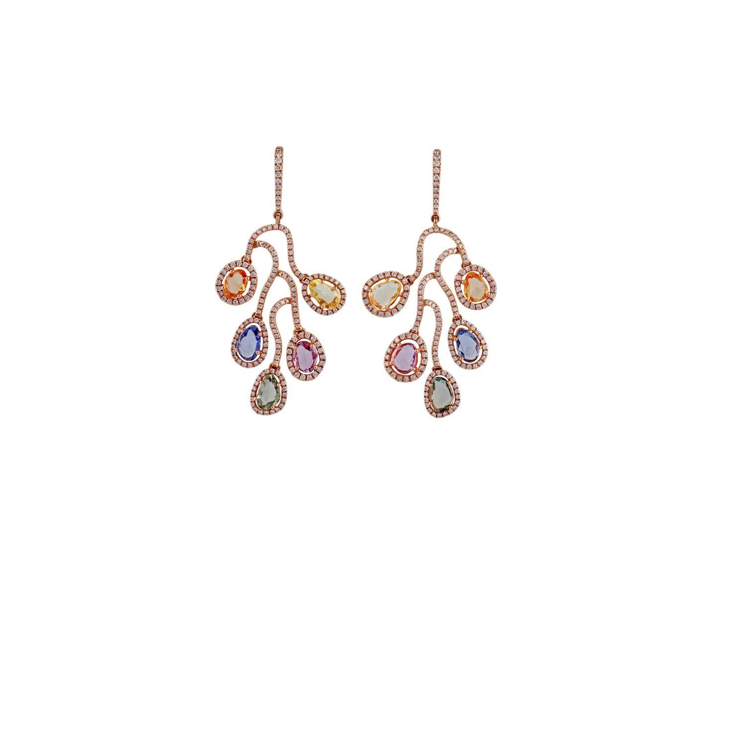 These are an elegant dangle earring pair studded in 18K rose gold features 10 pieces of rose cut multi color sapphires weight 6.62 carats, with 350 pieces of round shaped diamonds weight 1.89 carats, these earrings are entirely made in 18K rose gold