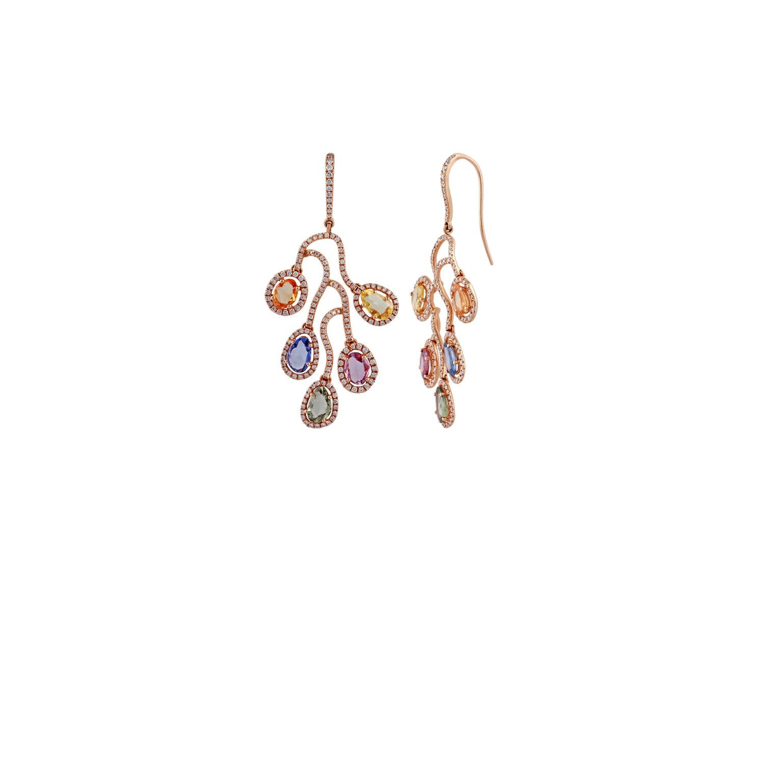 Contemporary Multi Sapphire & Diamond Earrings Studded in 18k Gold For Sale