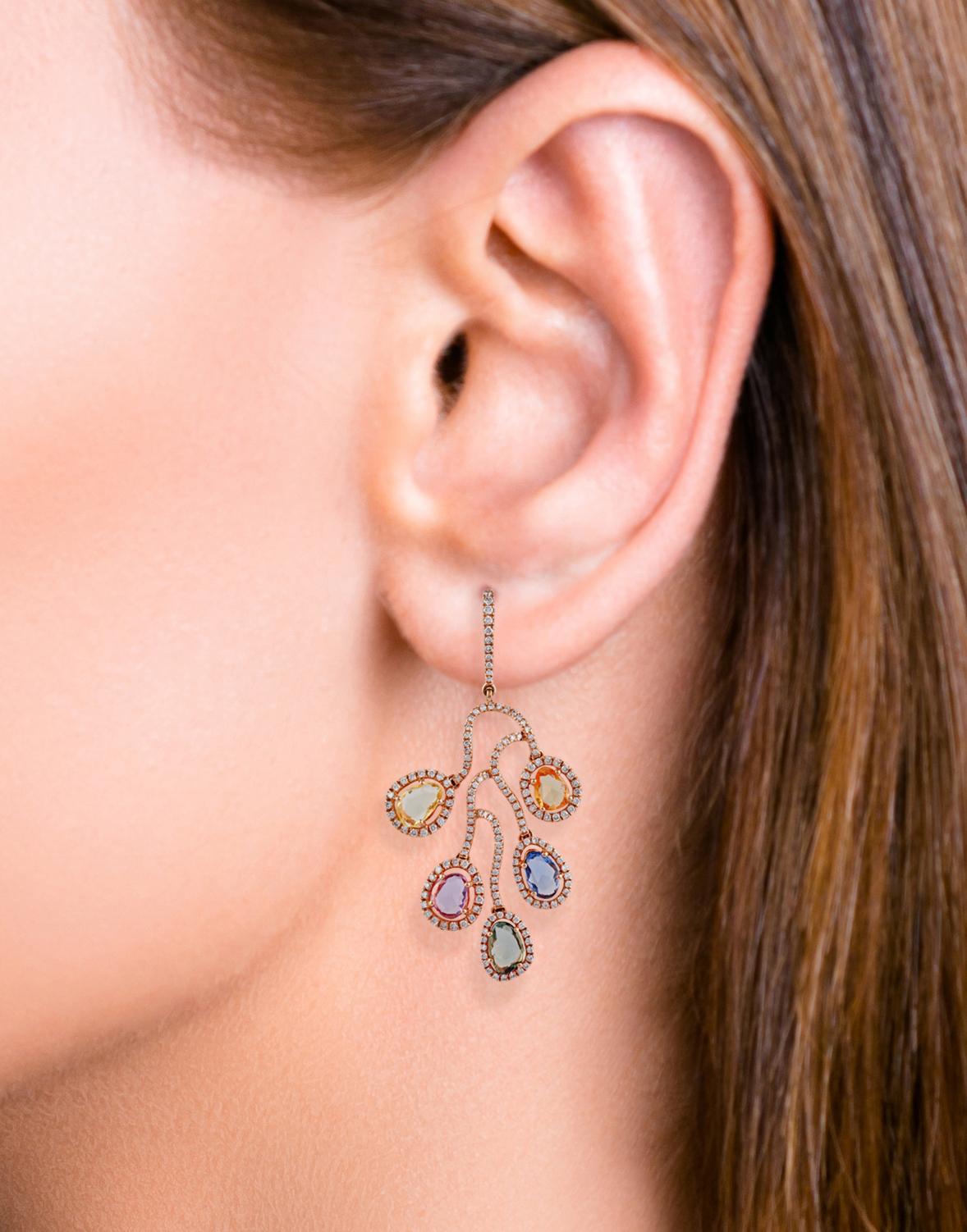 Rose Cut Multi Sapphire & Diamond Earrings Studded in 18k Gold For Sale