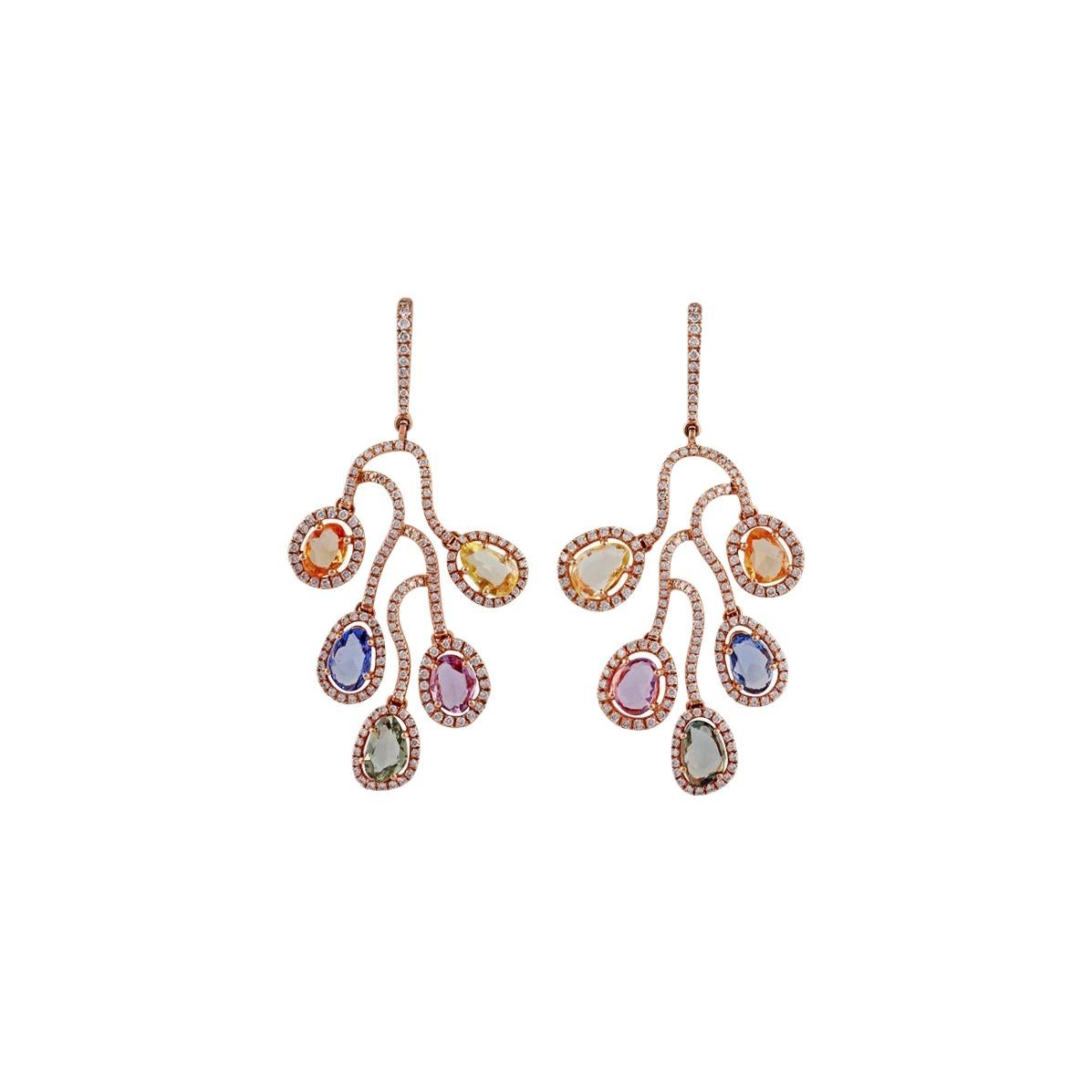 Multi Sapphire & Diamond Earrings Studded in 18k Gold For Sale