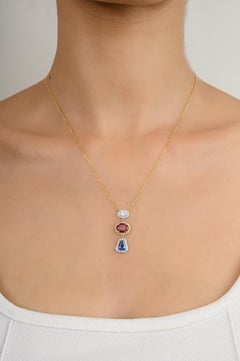 Multi Sapphire Diamond Halo Long Pendant Chain Necklace in 18k Solid Yellow Gold