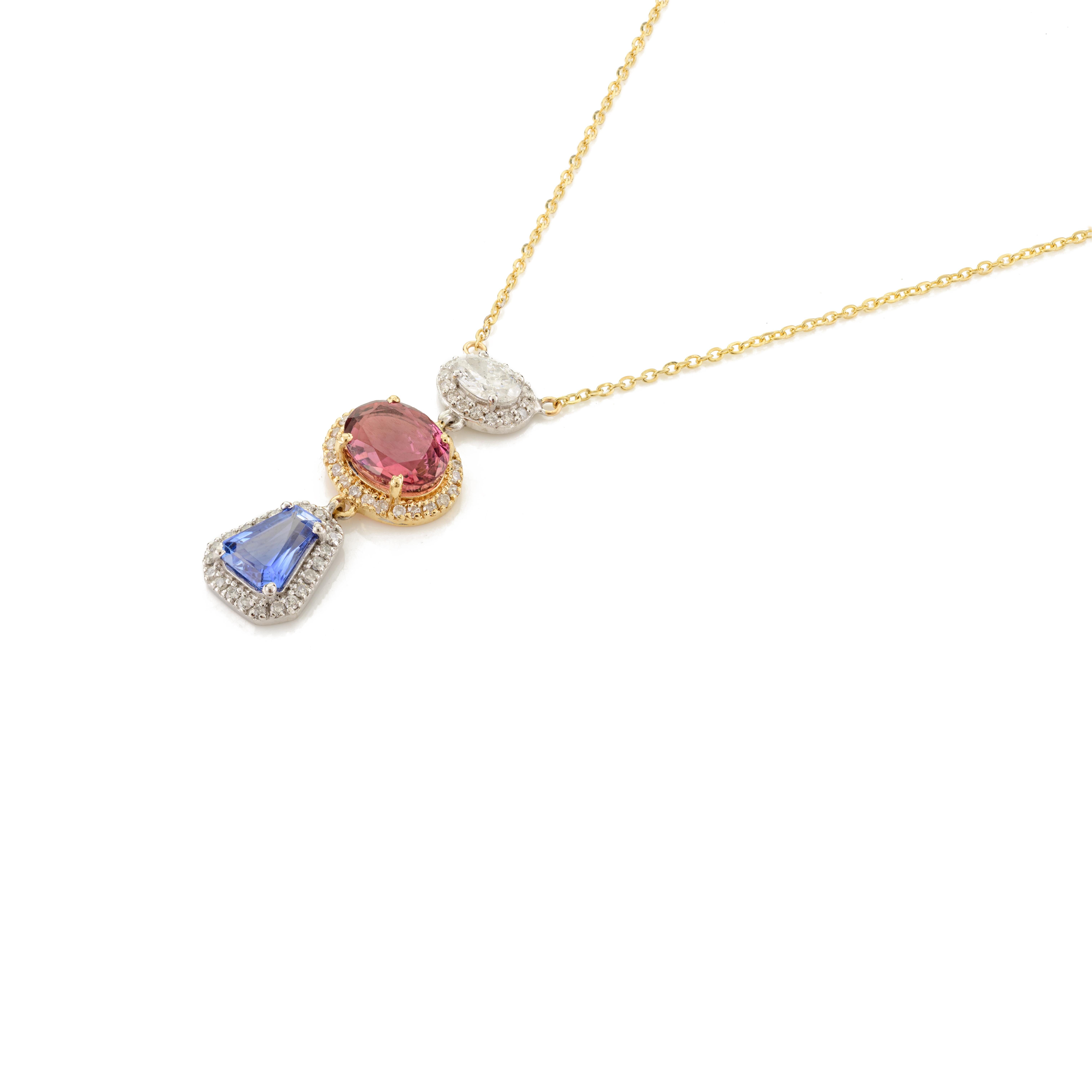 Contemporary Multi Sapphire Diamond Halo Long Pendant Chain Necklace in 18k Solid Yellow Gold For Sale