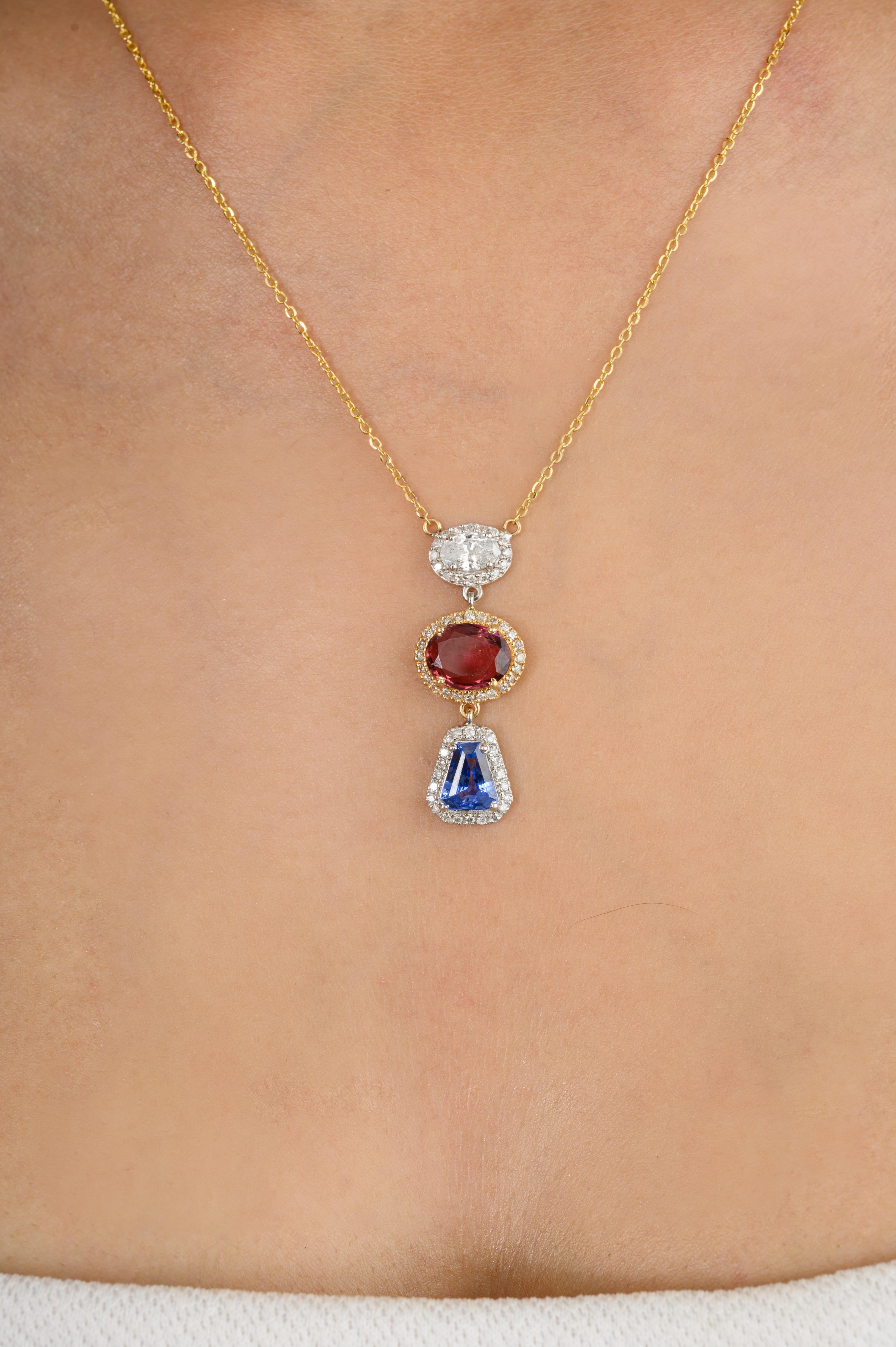 Mixed Cut Multi Sapphire Diamond Halo Long Pendant Chain Necklace in 18k Solid Yellow Gold For Sale
